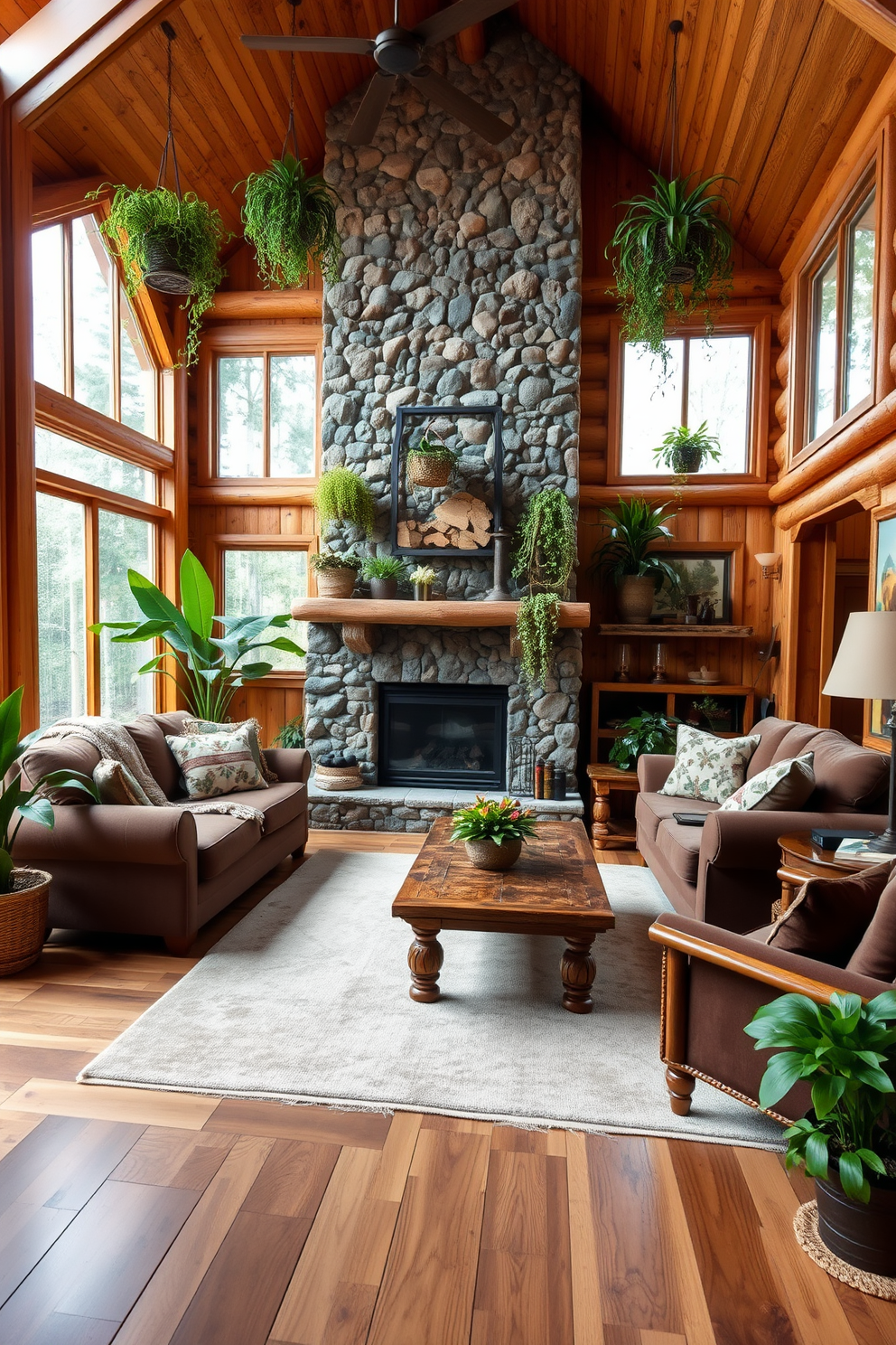 A cozy cabin living room featuring a stone fireplace as the focal point. Plush seating arrangements with earthy tones surround a rustic wooden coffee table, and various indoor plants are strategically placed to bring nature indoors. Large windows allow natural light to flood the space, enhancing the warmth of the wooden beams and walls. A soft area rug adds texture, while hanging plants create a lush, inviting atmosphere.