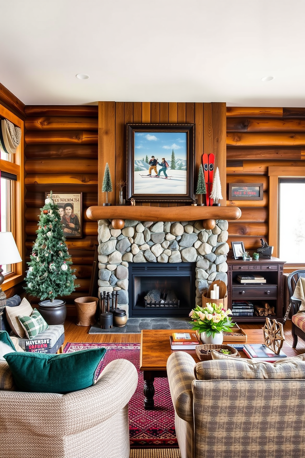 A cozy cabin living room adorned with vintage ski decor. The walls are lined with reclaimed wood, and a large stone fireplace serves as the focal point, surrounded by rustic furniture and ski-themed artwork.