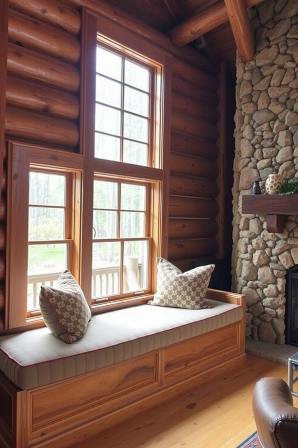 A charming window seat adorned with plush cushions invites relaxation and comfort. The surrounding cabin living room features rustic wooden beams and a stone fireplace, creating a cozy atmosphere.