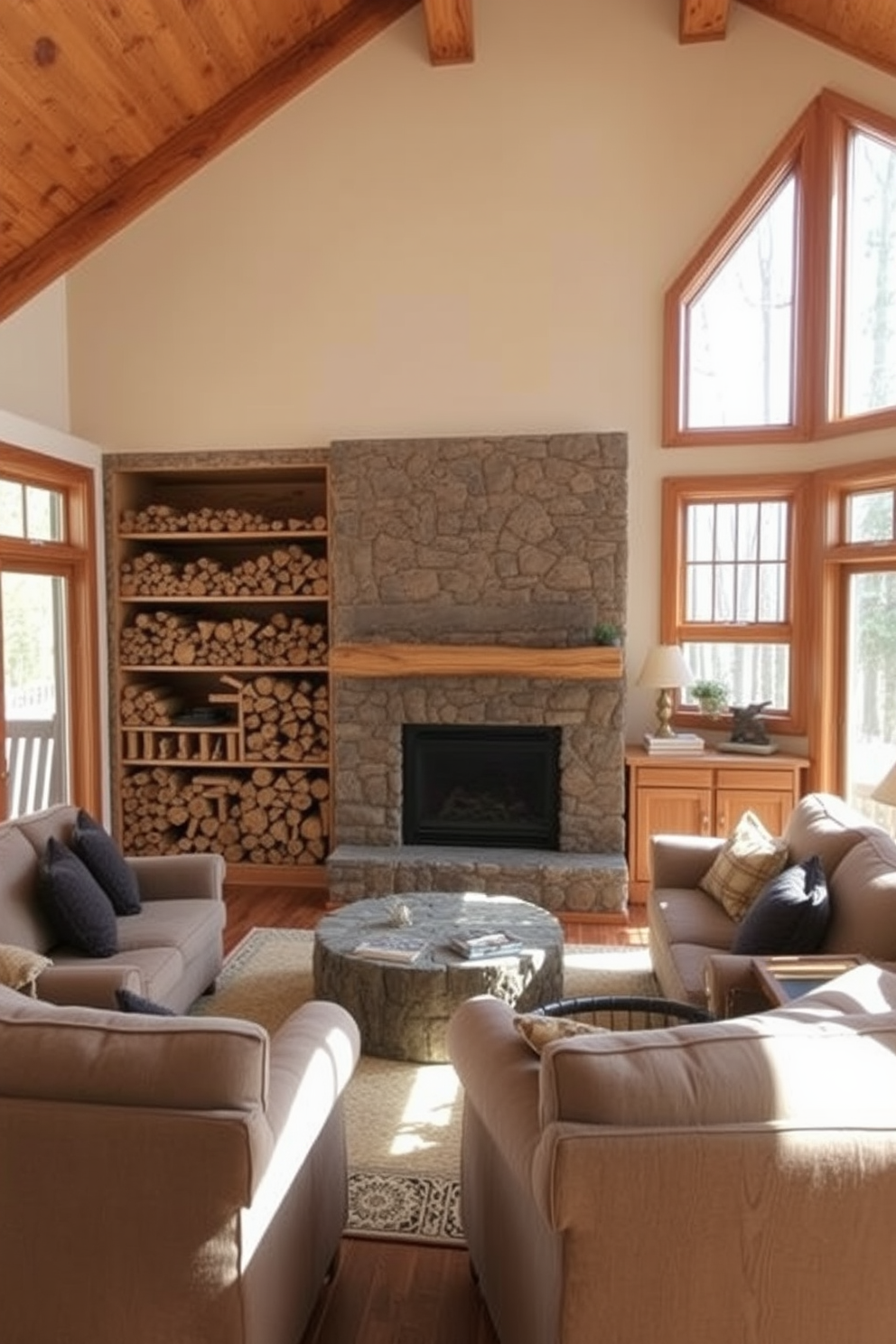 A cozy cabin living room features a built-in firewood storage unit seamlessly integrated into the wall. The rustic wooden shelves are filled with neatly stacked logs, adding warmth and texture to the space. The room is adorned with plush seating arranged around a central stone fireplace. Natural light floods in through large windows, highlighting the rich wood tones and inviting atmosphere.