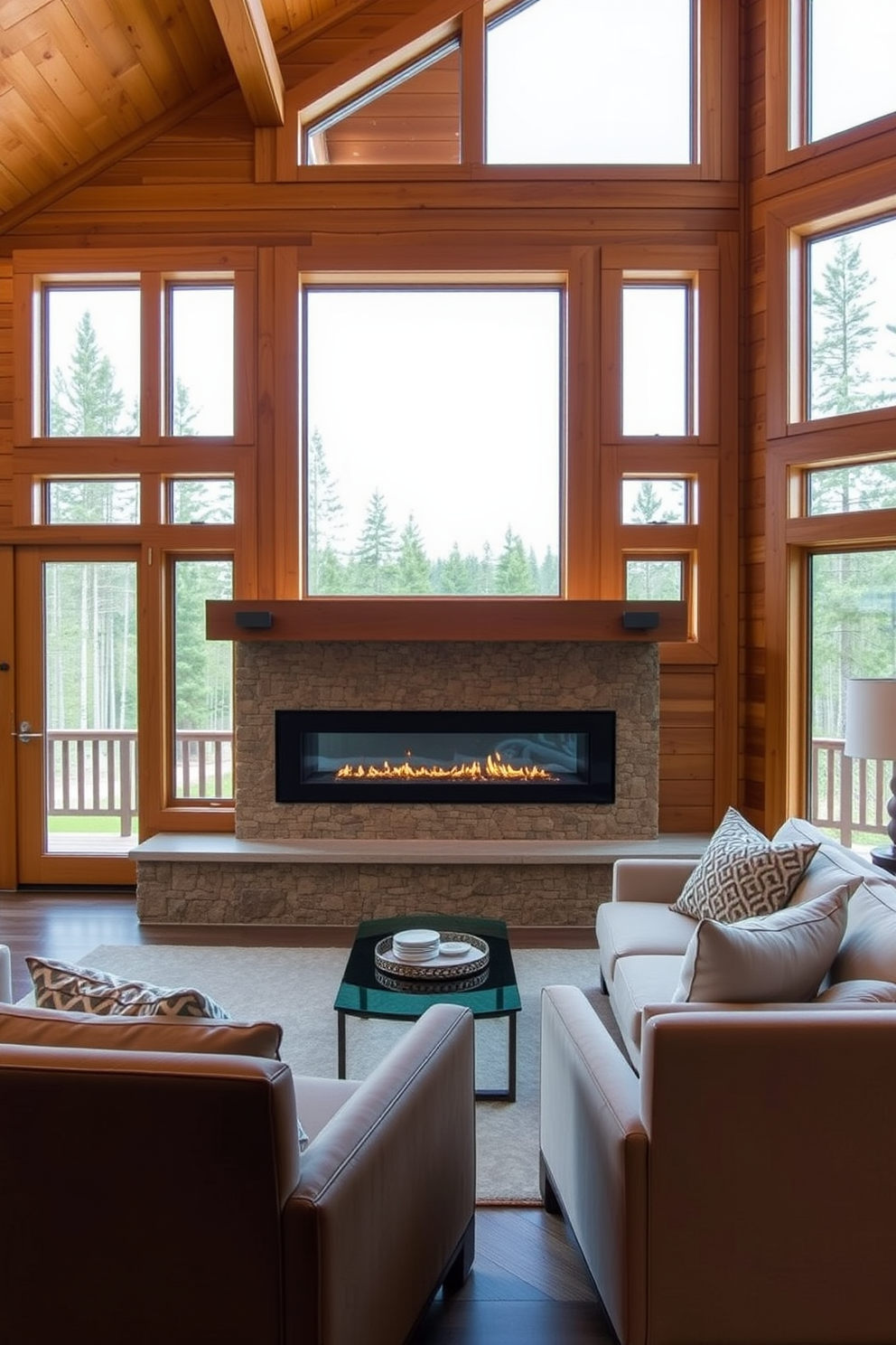 A sleek modern fireplace serves as the focal point of a contemporary cabin living room. The fireplace features a clean linear design with a glass front, surrounded by warm wood paneling and stone accents. Comfortable seating is arranged around the fireplace, including a plush sectional sofa in neutral tones and a pair of stylish armchairs. Large windows let in natural light, showcasing the beautiful forest view outside and enhancing the cozy atmosphere.