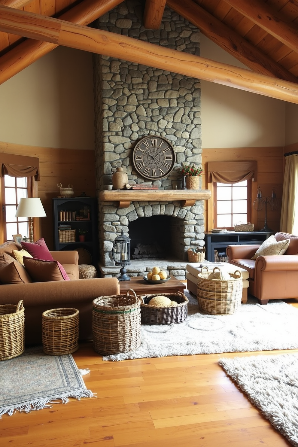 A cozy cabin living room featuring woven baskets for organization and decor. The space includes a large stone fireplace as the focal point, surrounded by comfortable seating in earthy tones. Natural wood beams stretch across the ceiling, enhancing the rustic charm. Soft, plush rugs are layered on a hardwood floor, creating a warm and inviting atmosphere.