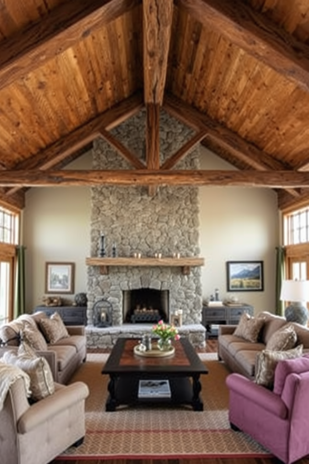 A cozy cabin living room featuring vintage ski decor. The walls are adorned with old wooden skis and framed black and white photographs of skiing adventures. A large stone fireplace serves as the focal point, surrounded by rustic wooden furniture. Plush, warm blankets drape over the seating, inviting relaxation after a day on the slopes.