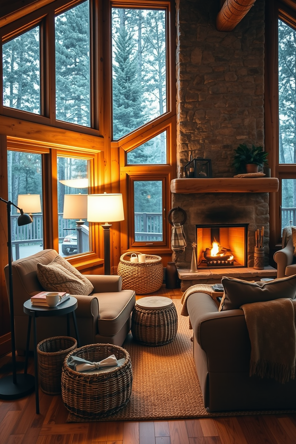 A cozy cabin living room features textured wall hangings that add depth and visual interest. The warm wooden beams of the ceiling contrast beautifully with soft, neutral-toned furnishings and a stone fireplace.