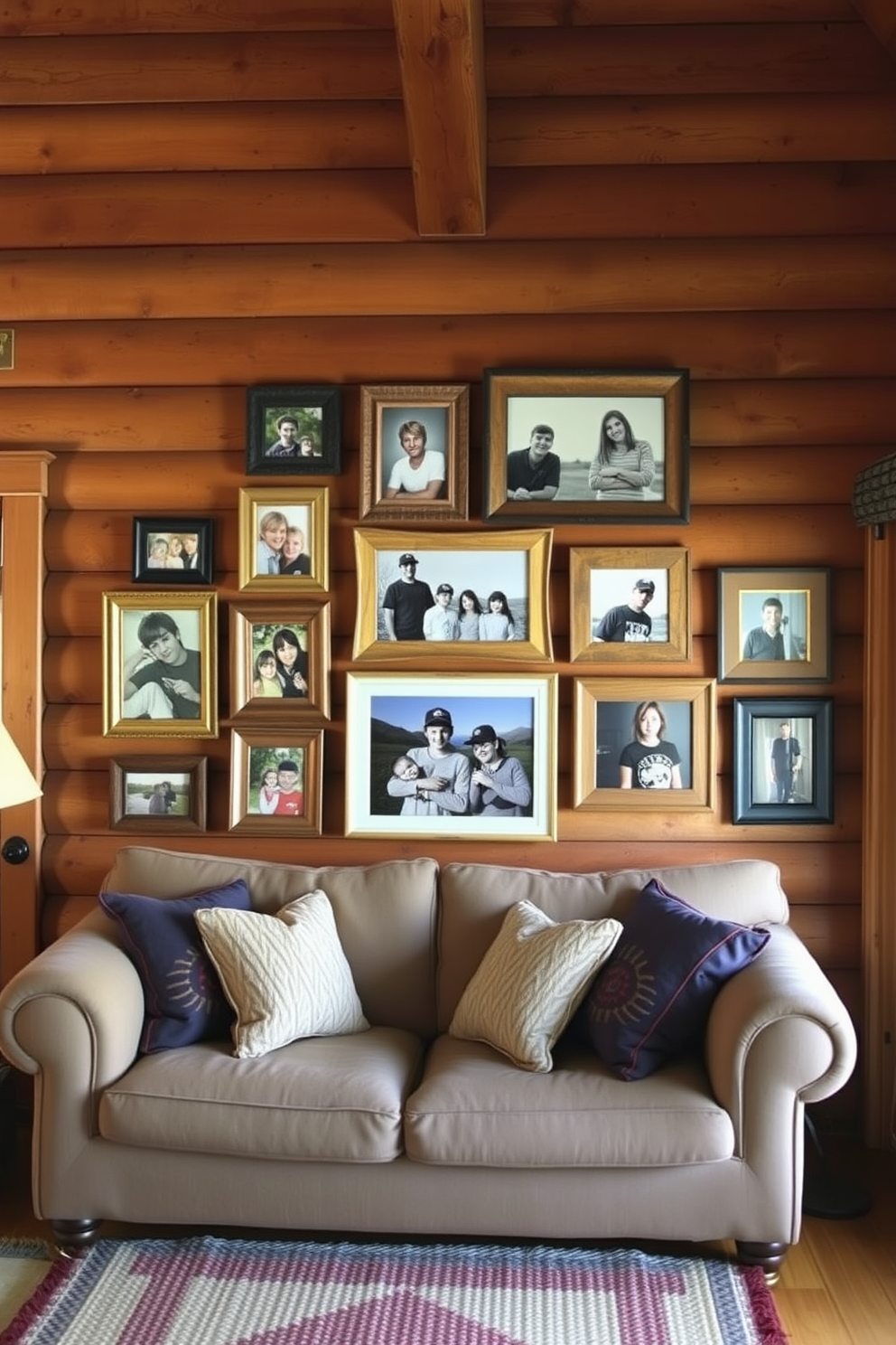 A cozy cabin living room features a gallery wall showcasing family photos in a mix of rustic wooden frames. The warm tones of the wooden walls complement the comfortable seating area, which includes a plush sofa and a handwoven rug.