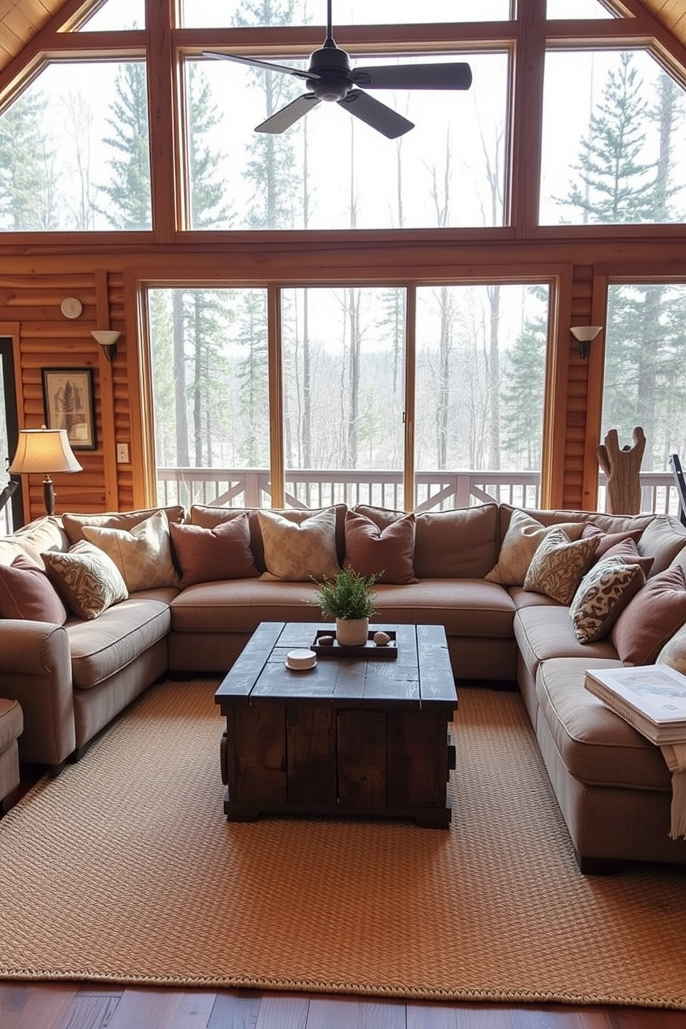 A cozy cabin living room featuring an oversized sectional sofa that invites relaxation and comfort. The sectional is upholstered in a soft, textured fabric and adorned with an array of plush throw pillows in earthy tones. A rustic wooden coffee table sits in front of the sectional, complemented by a woven area rug that adds warmth to the space. Large windows allow natural light to flood the room, showcasing views of the surrounding forest and enhancing the cabin's inviting atmosphere.