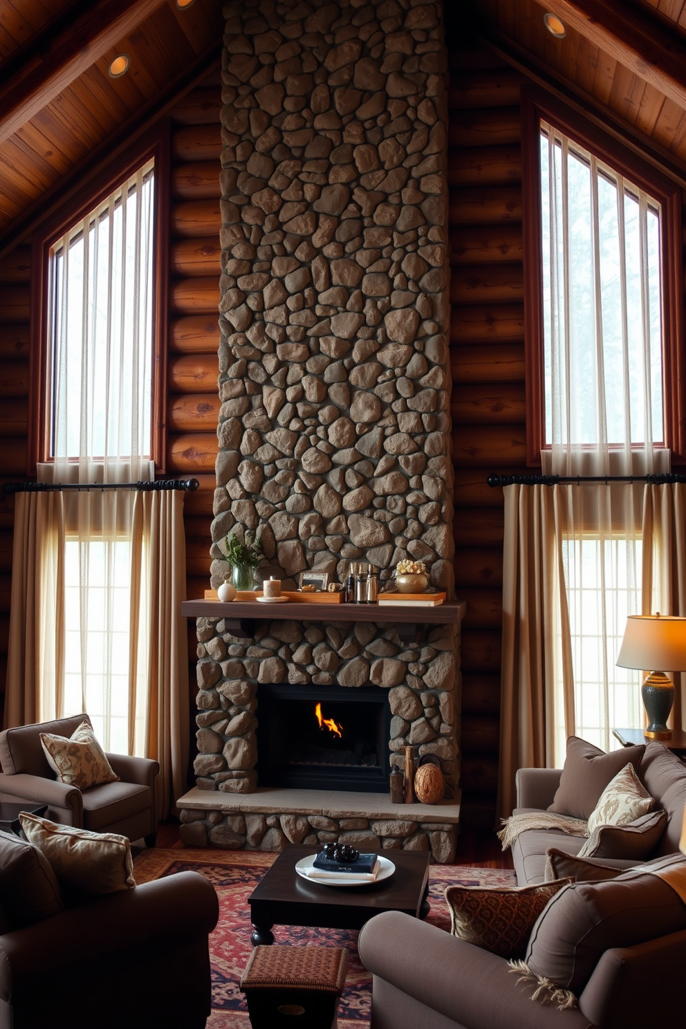 A cozy cabin living room featuring soft curtains that gently filter the light, creating a warm and inviting atmosphere. The room includes a large stone fireplace as the focal point, surrounded by comfortable seating in earthy tones and textures.