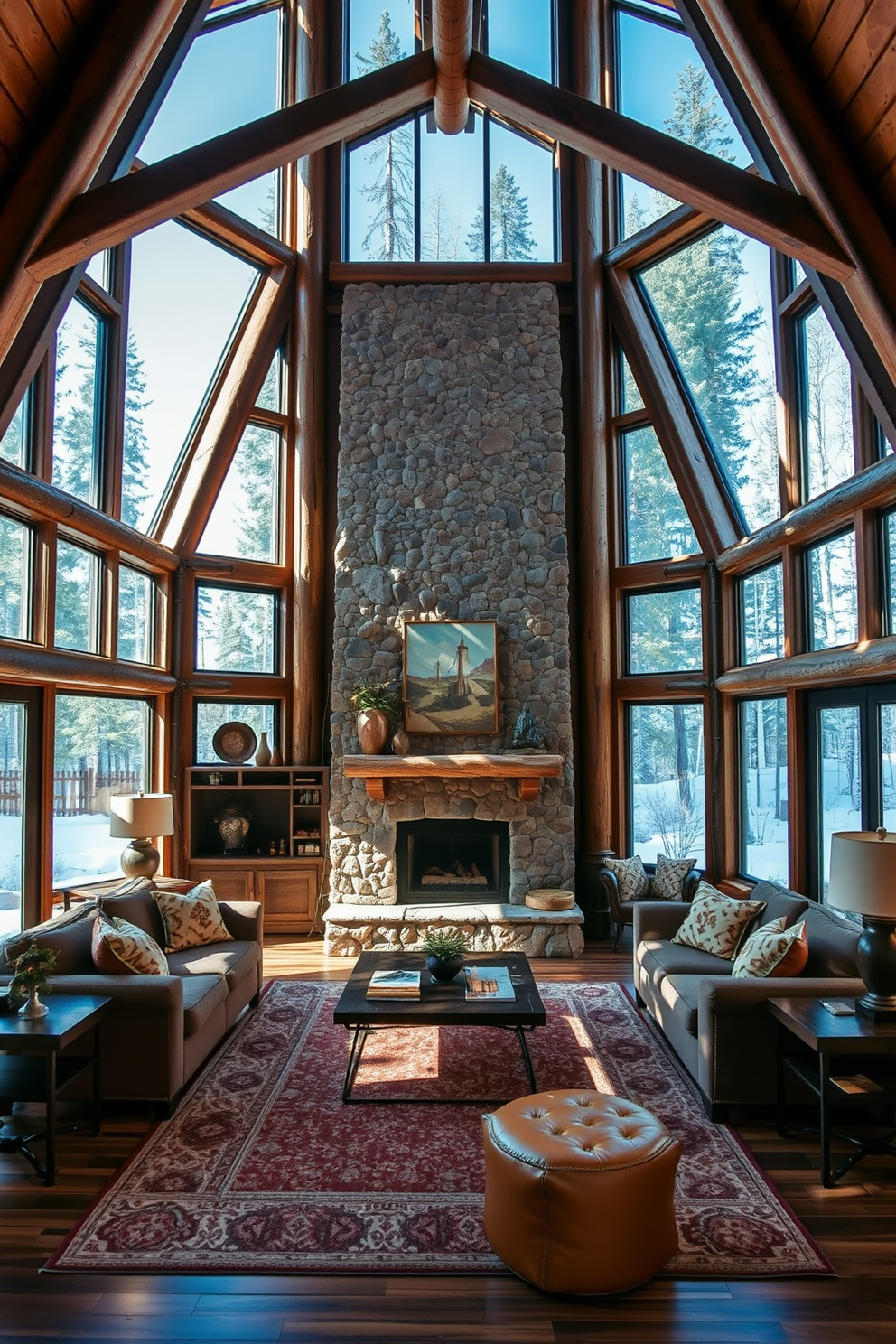 A cozy cabin living room featuring a blend of vintage and modern furniture. A rustic wooden coffee table sits at the center, surrounded by a plush, contemporary sectional sofa adorned with colorful throw pillows. On one side, an antique armchair adds character, while a sleek floor lamp provides warm lighting. The walls are adorned with framed nature photographs, and a stone fireplace creates a welcoming focal point.