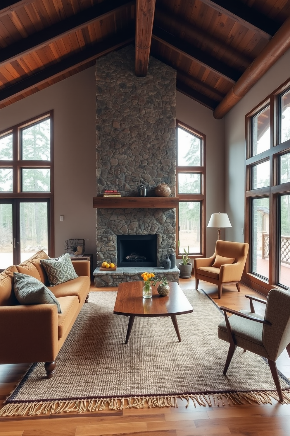 A cozy cabin living room that blends modern and vintage decor elements. The space features a large stone fireplace with a reclaimed wood mantel, surrounded by plush seating in warm earth tones. On one side, a mid-century modern coffee table sits atop a handwoven area rug, while vintage armchairs add character to the room. Large windows frame a view of the forest outside, allowing natural light to fill the space and highlight the rustic wooden beams on the ceiling.