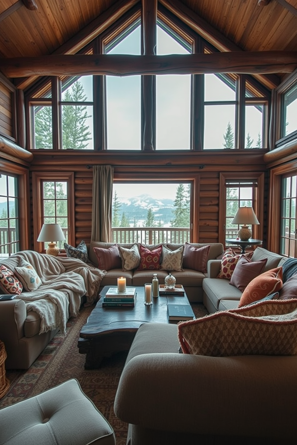 A cozy cabin living room features layered textiles that create a warm and inviting atmosphere. Plush throw blankets are draped over a large, comfortable sofa, while an array of decorative pillows adds color and texture to the space. A rustic coffee table sits at the center, adorned with a few carefully curated books and a candle for ambiance. Large windows frame the stunning outdoor view, allowing natural light to fill the room and highlight the rich wooden beams overhead.