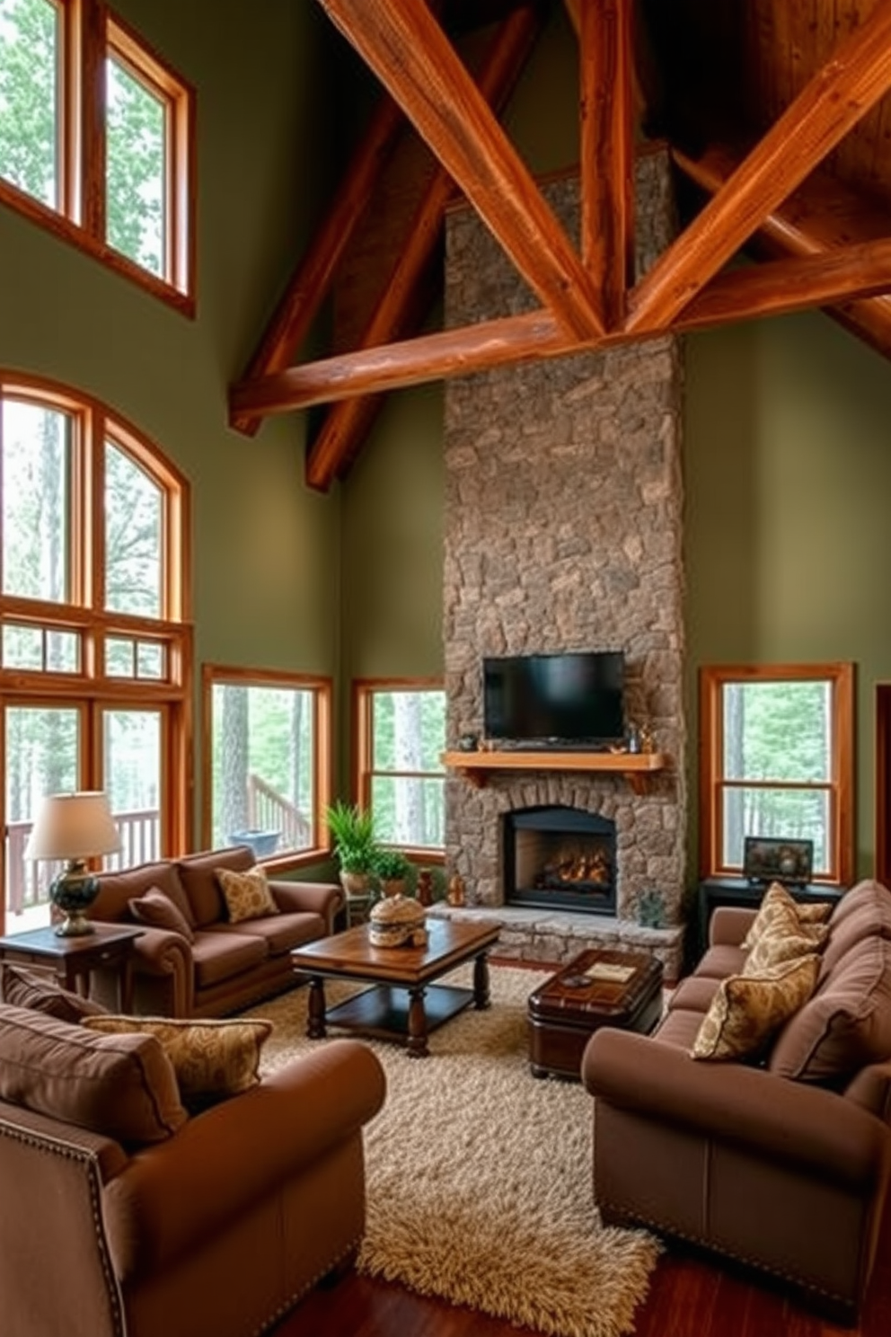 A cozy cabin living room featuring a nature-inspired color palette with rich greens and warm browns. The space includes a large stone fireplace as the focal point, surrounded by comfortable seating upholstered in earthy tones. Wooden beams stretch across the ceiling, enhancing the rustic charm of the room. Large windows invite natural light and offer views of the surrounding forest, while a plush area rug adds warmth underfoot.