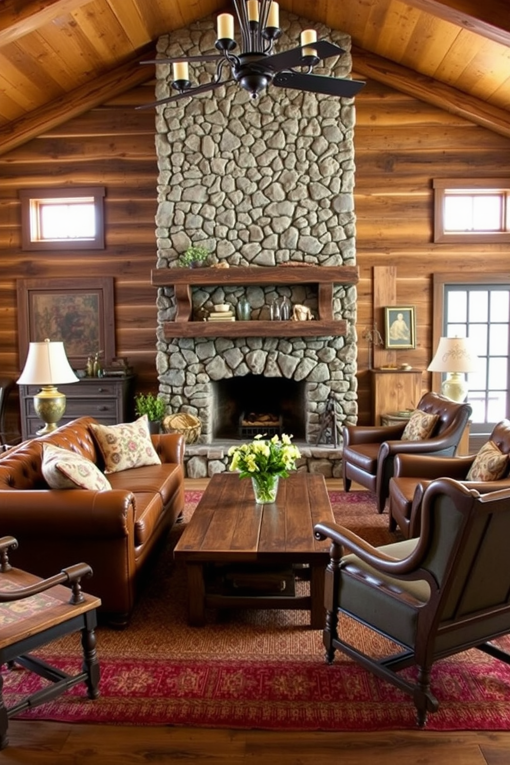 Antique furniture pieces create a unique charm in the cabin living room. A vintage leather sofa is paired with a reclaimed wood coffee table, surrounded by mismatched armchairs that tell their own stories. The walls are adorned with rustic wood paneling, and a large stone fireplace serves as the focal point. Warm lighting from wrought iron fixtures enhances the cozy atmosphere, inviting relaxation and conversation.