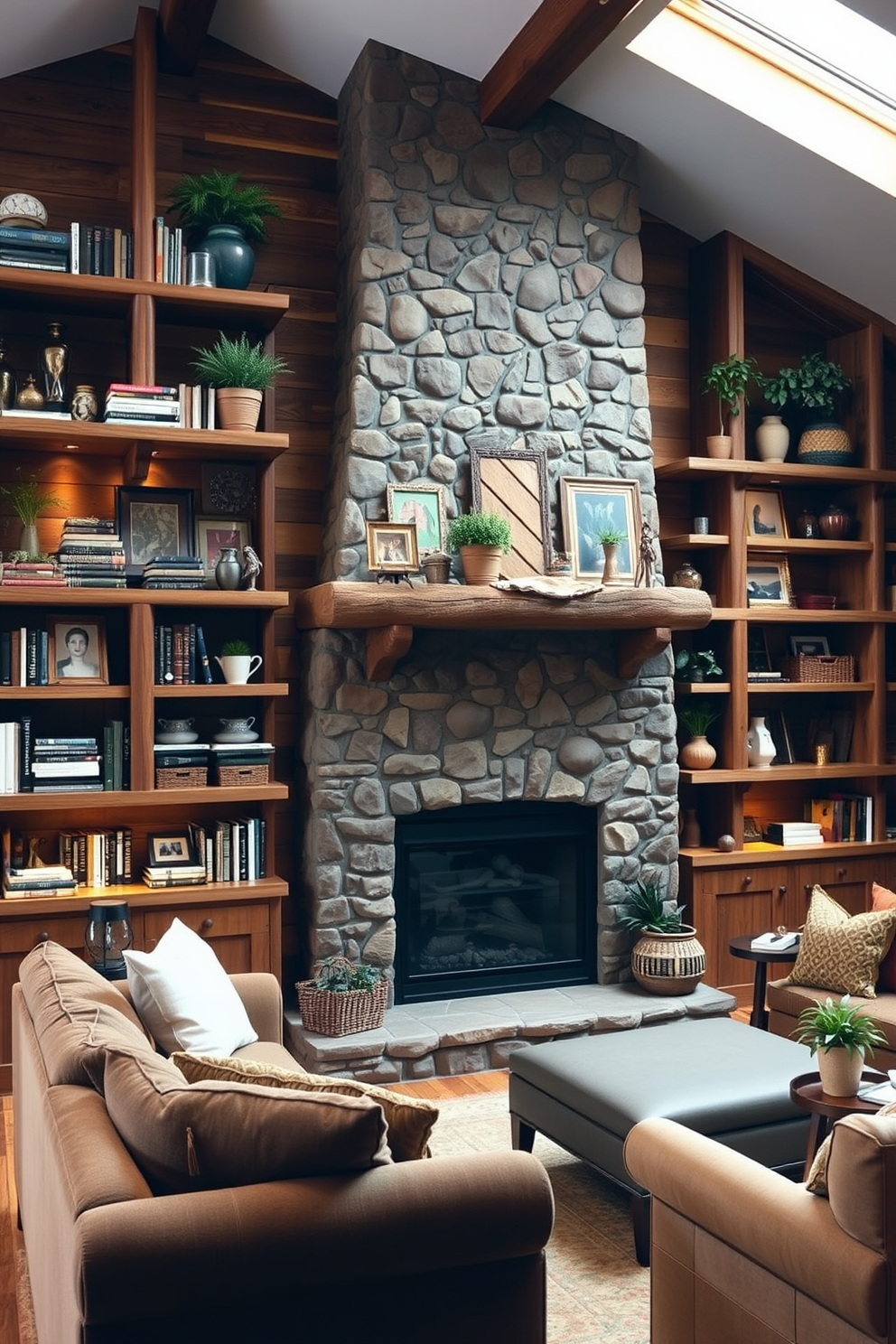 Open shelving displaying curated decor items. The shelves are filled with a mix of books, plants, and unique collectibles that reflect a cozy cabin aesthetic. The walls are adorned with rustic wood paneling, and a large stone fireplace serves as the focal point of the room. Plush seating arrangements invite relaxation, complemented by warm lighting and earthy color tones.