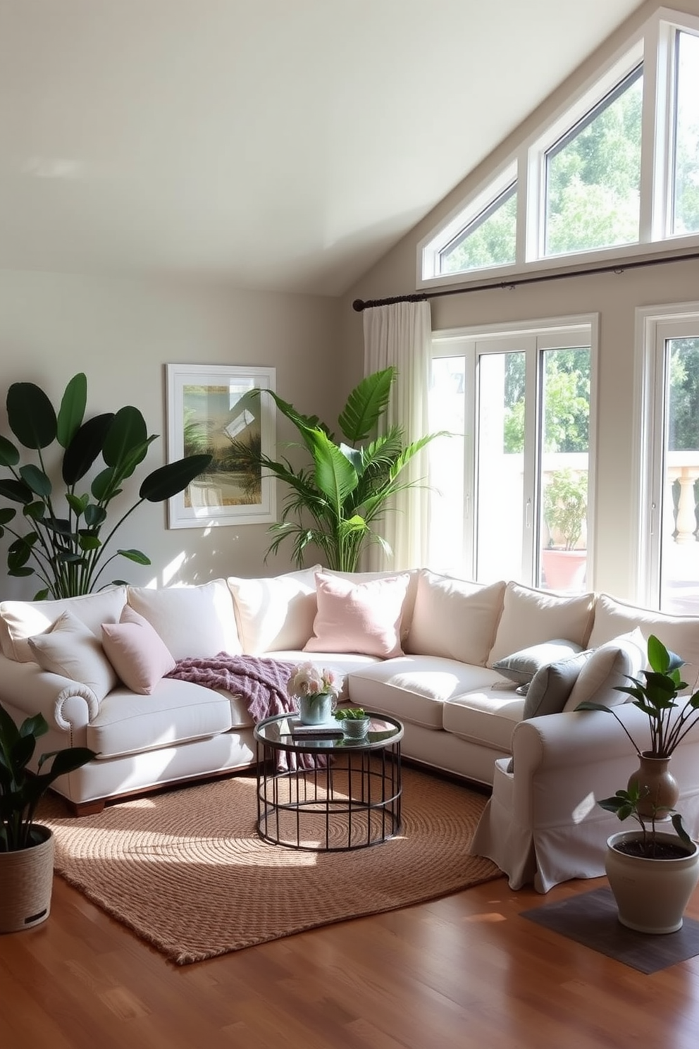 A California living room designed with lightweight fabrics creates an airy and inviting atmosphere. Large windows allow natural light to flood the space, enhancing the soft hues of the decor. The furniture is arranged to promote relaxation, featuring a plush sectional sofa adorned with pastel throw pillows. A woven area rug anchors the seating area, while potted plants add a touch of greenery and life to the room.