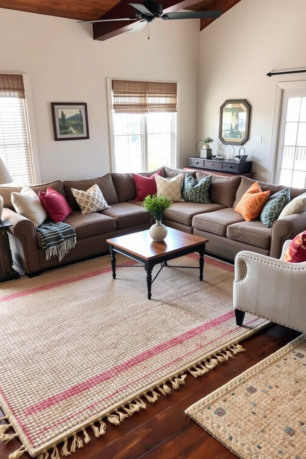 A cozy California living room featuring textured rugs that enhance comfort. The space includes a large sectional sofa adorned with colorful throw pillows and a wooden coffee table at the center.