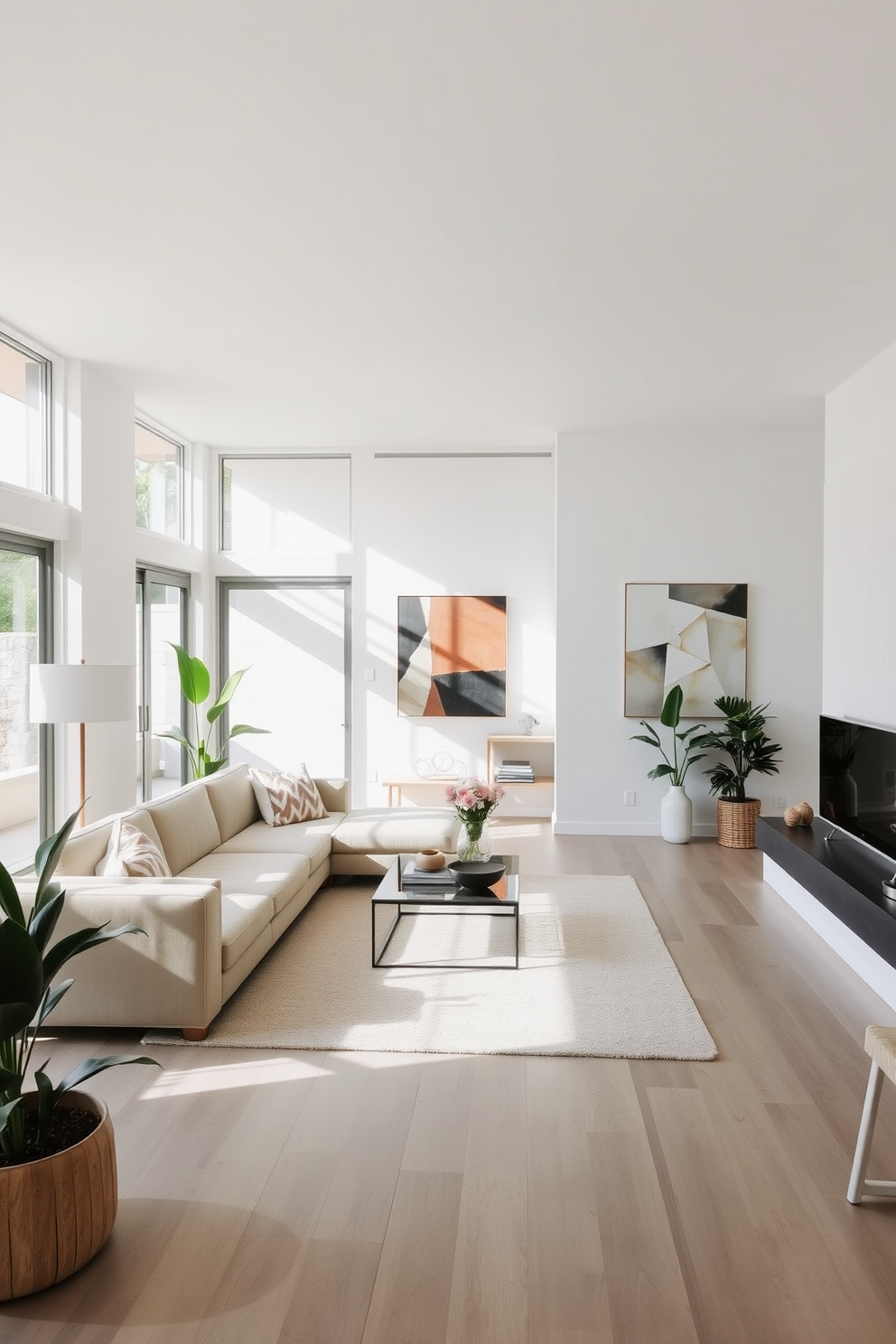 A spacious living room designed for social gatherings features a large coffee table made of reclaimed wood, surrounded by plush sofas upholstered in soft beige fabric. The room is filled with natural light from expansive windows, adorned with sheer white curtains that gently filter the sunlight.