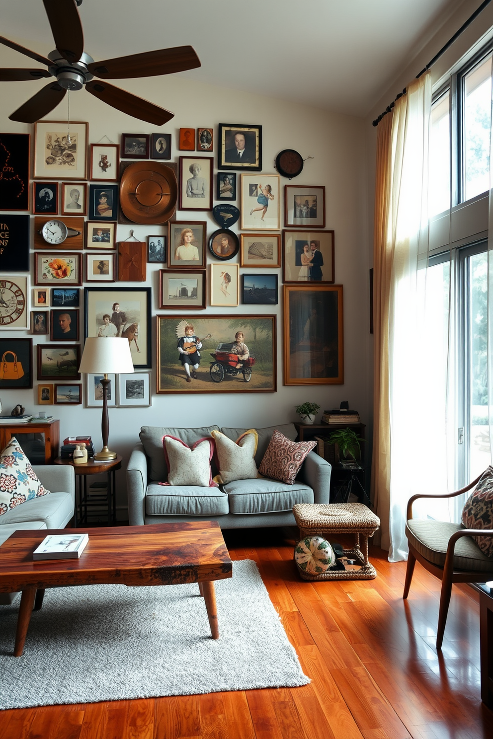 A cozy California living room filled with vintage finds that add unique character. The space features a mid-century modern sofa paired with a reclaimed wood coffee table and an eclectic mix of patterned throw pillows. A gallery wall showcases an array of vintage art pieces and photographs, creating a personal touch. Natural light floods the room through large windows adorned with sheer curtains, highlighting the warm tones of the hardwood floor.