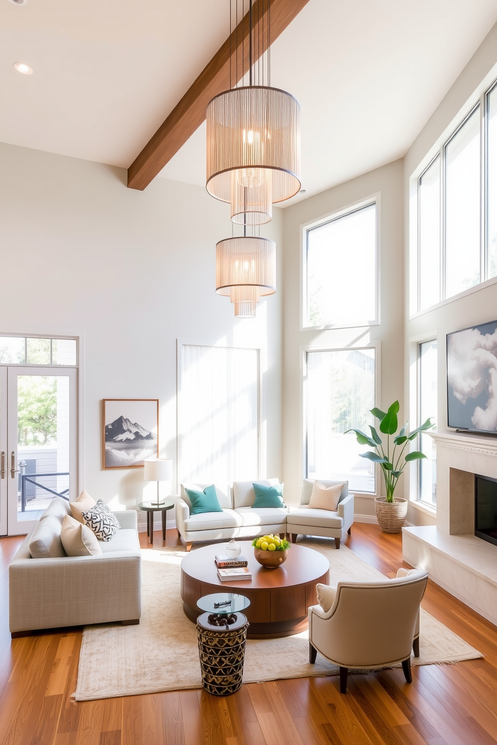 A California living room featuring statement lighting fixtures as focal points. The space is adorned with large windows that allow natural light to flood in, highlighting the warm wooden floors and soft, neutral-toned furnishings.