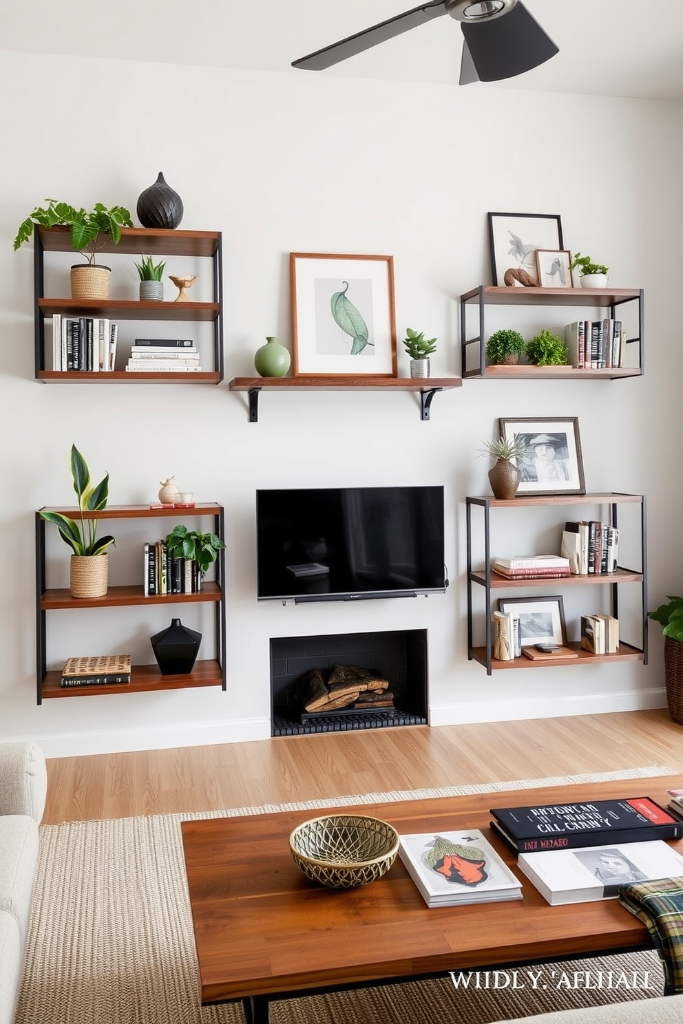 A stylish California living room featuring wall-mounted shelves that provide functional storage while enhancing the aesthetic appeal of the space. The shelves are adorned with carefully curated decor items, including books, plants, and art pieces, creating a warm and inviting atmosphere.