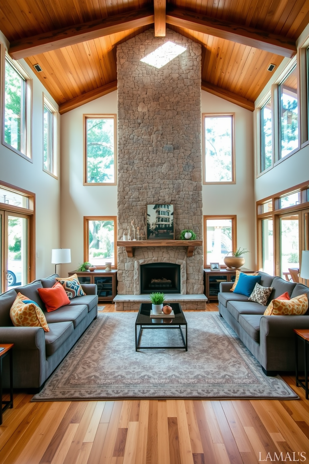 A cozy California living room features a large stone fireplace as the central gathering spot. Surrounding the fireplace are plush sectional sofas adorned with colorful throw pillows, creating an inviting atmosphere for relaxation and conversation. Natural light floods the space through expansive windows, highlighting the warm wooden beams on the ceiling. A large area rug anchors the seating area, complementing the light hardwood flooring and adding texture to the design.