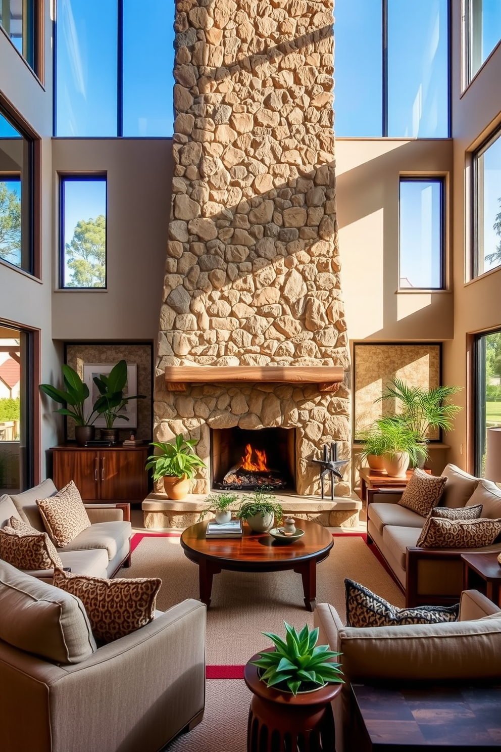 A cozy California living room features exposed wooden beams on the ceiling and a stone fireplace that serves as the focal point. The space is adorned with a plush sectional sofa in earthy tones, complemented by a reclaimed wood coffee table and woven textile accents. Natural light floods the room through large windows, enhancing the warm ambiance created by layered lighting fixtures. Decor elements include potted succulents, a vintage rug, and framed art that reflects the beauty of the California landscape.