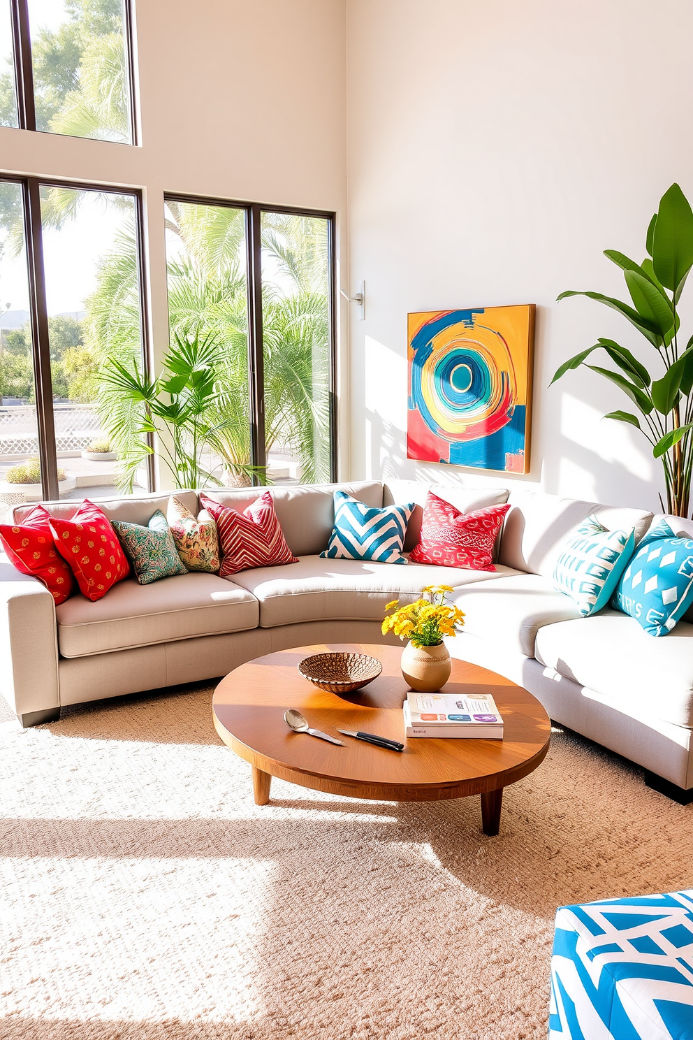 Bright throw pillows in various patterns and colors are scattered across a light gray sectional sofa. The room features large windows that allow natural light to flood in, highlighting the warm wood tones of the coffee table and the vibrant artwork on the walls. Incorporate a soft area rug in a neutral shade to ground the space and add comfort underfoot. A potted plant in the corner brings a touch of greenery, enhancing the relaxed California vibe of the living room.