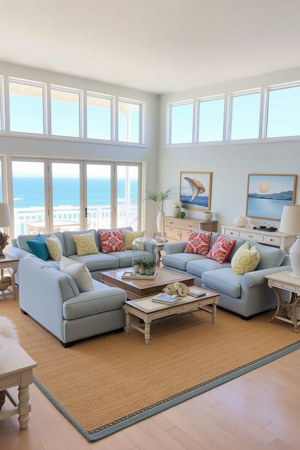 A bright and airy California living room featuring coastal color palettes with soft blues. The space is adorned with a large sectional sofa in light blue fabric, complemented by whitewashed wood furniture and natural fiber rugs. Floor-to-ceiling windows allow ample natural light to flood the room, showcasing breathtaking ocean views. Decorative elements include seashell accents, driftwood art, and vibrant throw pillows that enhance the coastal vibe.