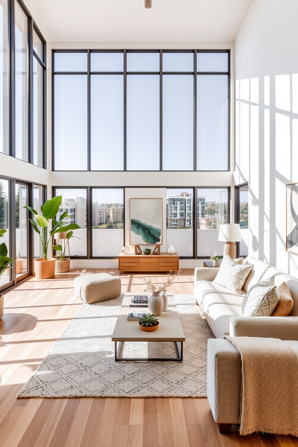 A spacious California living room features large windows that invite natural light, creating an airy atmosphere. The room is adorned with light-colored furniture, including a plush sectional sofa and a stylish coffee table, enhancing the open floor plan. The decor incorporates indoor plants and minimalist artwork, adding a touch of nature and sophistication. Warm wood accents and soft textiles create a cozy yet modern vibe, perfect for relaxed gatherings.