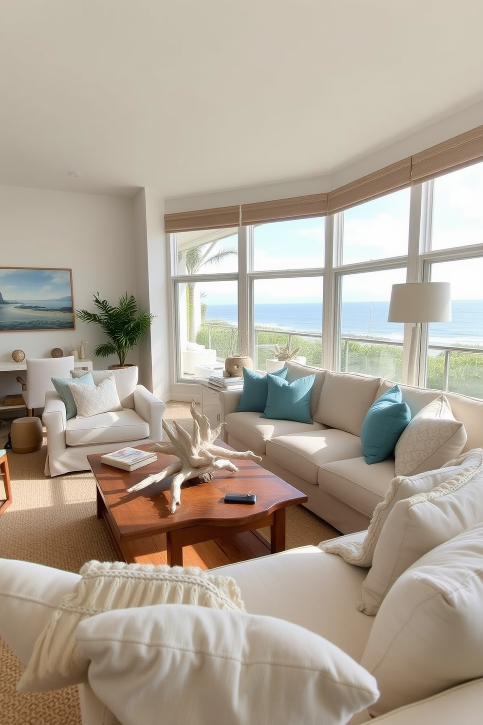 A serene California living room filled with beach-inspired decor. The space features a large sectional sofa upholstered in light linen, accented with throw pillows in ocean hues. Driftwood accents are incorporated throughout the room, including a rustic coffee table and wall art. Large windows allow natural light to flood in, showcasing views of the coastline and enhancing the airy atmosphere.