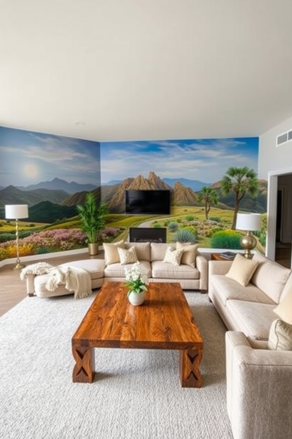 Artistic wall murals adorn the expansive walls of a California living room, creating a vibrant backdrop that enhances the space's character. The room features a blend of contemporary furniture with natural textures, including a plush sectional sofa and a reclaimed wood coffee table, inviting comfort and style.