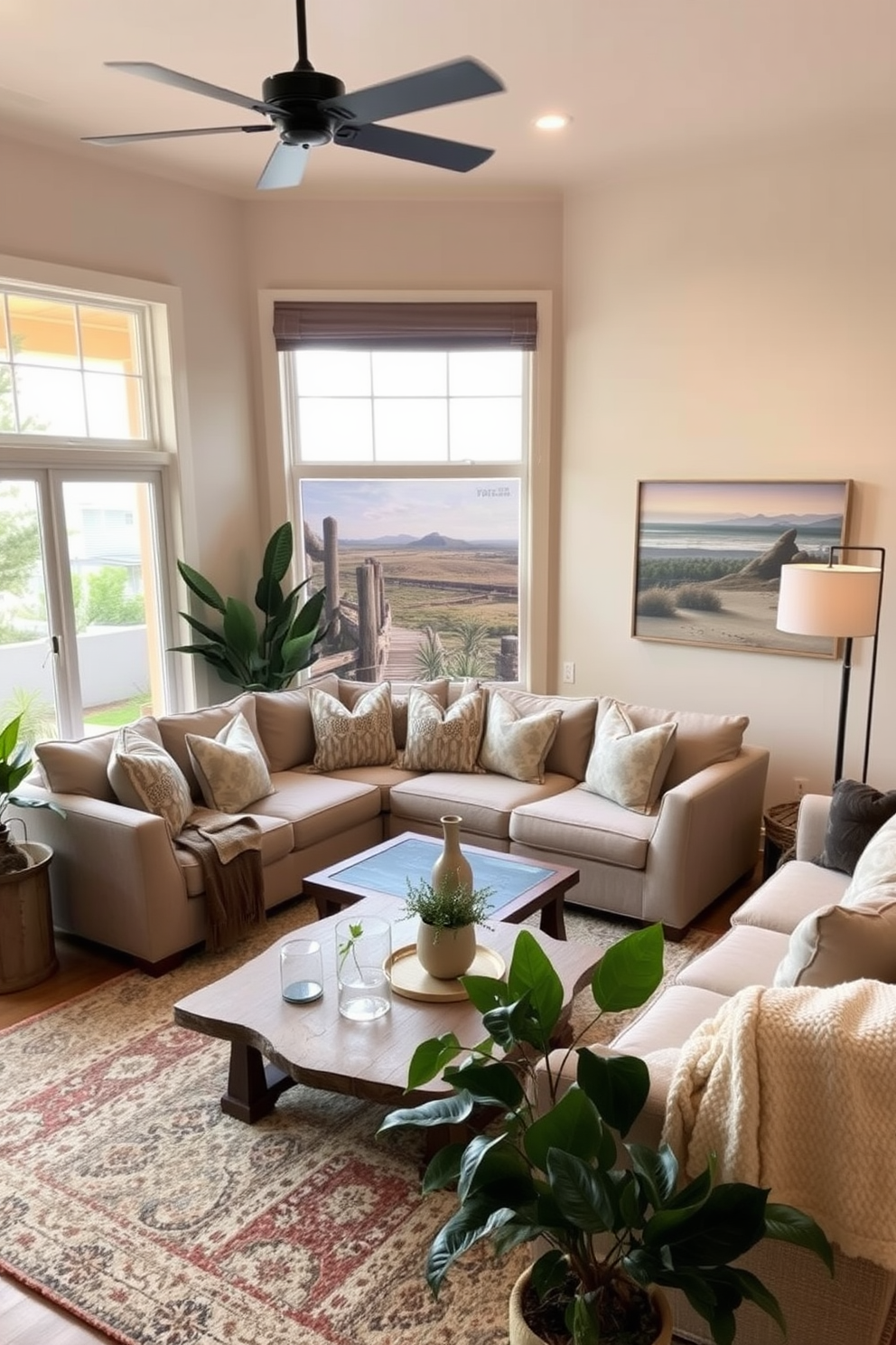 A cozy California living room filled with soft lighting that creates a warm and inviting ambiance. The space features a large sectional sofa adorned with plush throw pillows and a stylish coffee table made of reclaimed wood. Large windows allow natural light to flood the room, complemented by sheer curtains that gently diffuse the sunlight. A soft area rug anchors the seating area, while potted plants add a touch of greenery and life to the space.