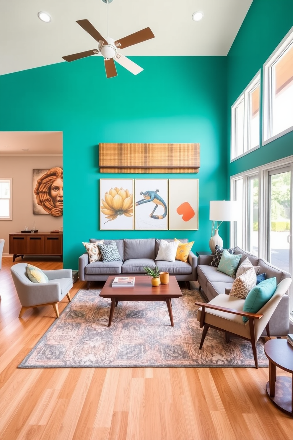 Bright accent walls in a California living room create a vibrant and inviting atmosphere. The walls are painted in a bold turquoise, complementing the light wood flooring and large windows that let in plenty of natural light. A spacious seating arrangement features a mix of modern and vintage furniture, including a plush gray sofa and a mid-century coffee table. Decorative throw pillows in various patterns and colors add a playful touch, while a large area rug anchors the space and adds warmth.