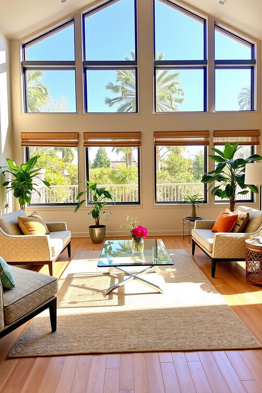 Comfortable lounge chairs are arranged around a sleek glass coffee table in a bright California living room. Large windows allow natural light to flood the space, highlighting the soft beige walls and light hardwood flooring. The chairs are upholstered in a soft, textured fabric, complemented by colorful throw pillows for added comfort. A stylish area rug anchors the seating arrangement, while potted plants add a touch of greenery to the inviting atmosphere.