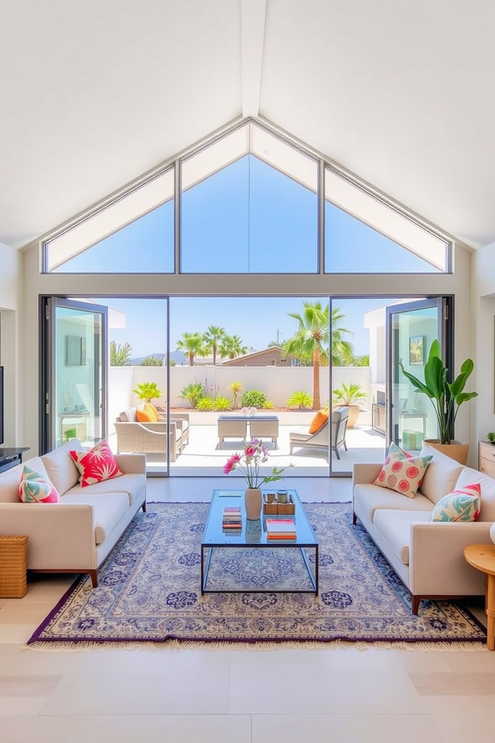 A bright and airy California living room featuring expansive glass doors that seamlessly connect the indoor space to the outdoor patio. The room is adorned with a mix of modern and coastal decor, including a plush sectional sofa, a large area rug, and vibrant throw pillows that enhance the relaxed atmosphere.