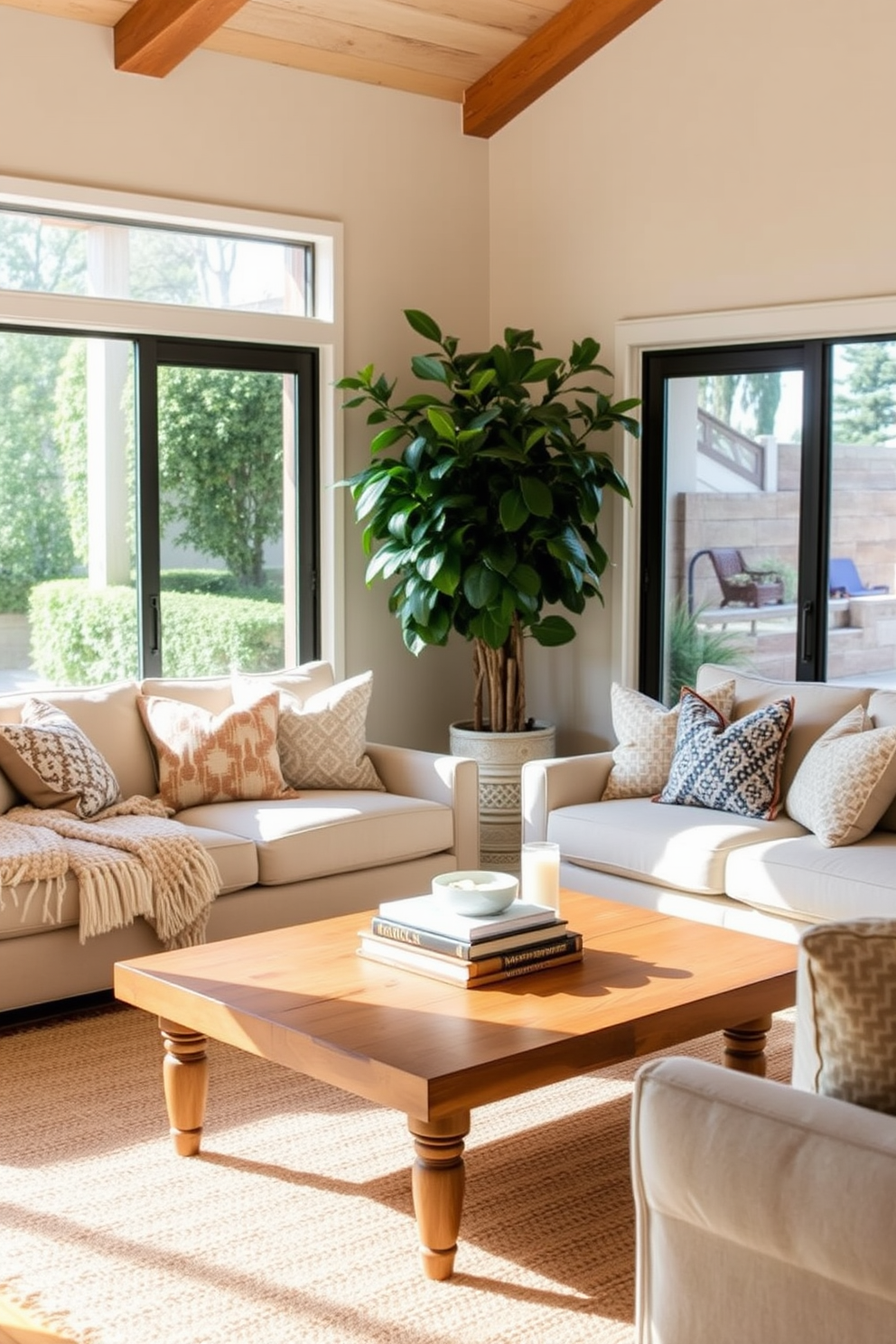 A California living room filled with layered textures that evoke cozy warmth. Plush sofas in soft neutrals are adorned with a mix of patterned throw pillows and a chunky knit blanket draped over the armrest. Natural light floods the space through large windows, highlighting a warm wood coffee table topped with decorative books and a candle. A woven area rug anchors the seating area, while a tall potted plant adds a touch of greenery to the inviting atmosphere.