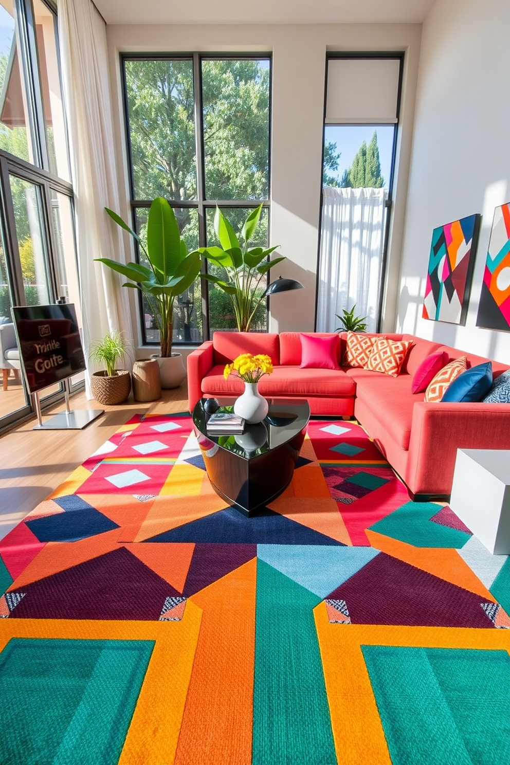 A California living room filled with natural light features a large, comfortable sectional sofa adorned with an array of colorful throw pillows in vibrant patterns and textures. The walls are painted in a soft beige, complemented by wooden accents and a cozy area rug that ties the space together.