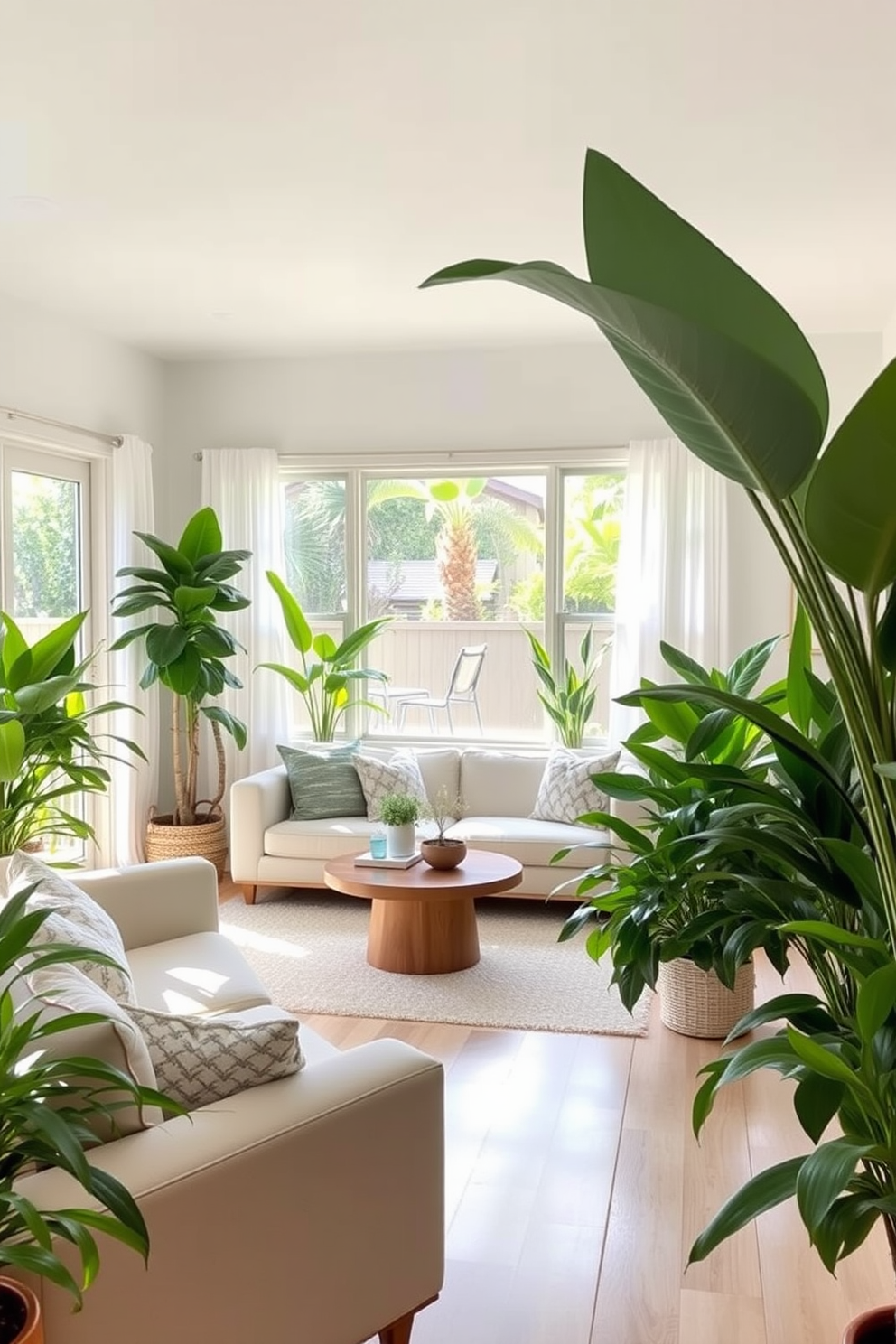 A bright California living room featuring mid-century modern furniture with vintage touches. The space includes a sleek sofa with tapered legs, a wooden coffee table with a unique design, and colorful accent chairs that add warmth and character. Large windows allow natural light to flood the room, highlighting the vibrant area rug that anchors the seating area. Potted plants are strategically placed throughout, bringing a touch of nature indoors and enhancing the relaxed atmosphere.