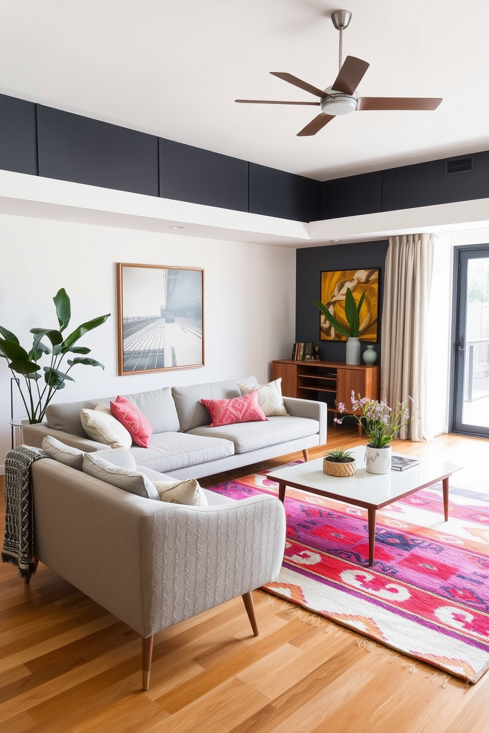 A stylish California living room featuring mid-century modern furniture accents. The space includes a sleek sofa with clean lines, paired with a vibrant area rug and a minimalist coffee table.