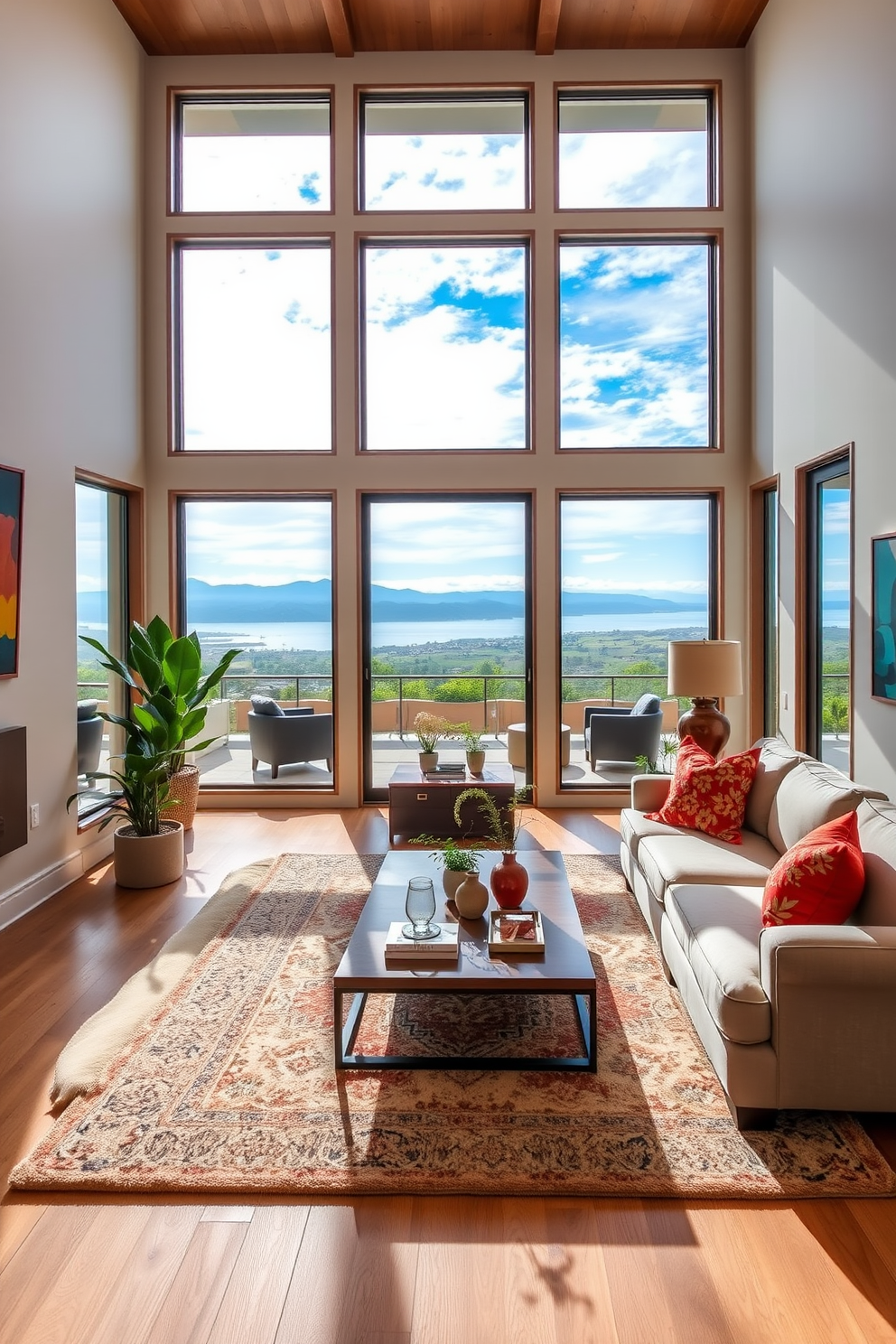 A bright and airy California living room filled with various indoor plants that create a fresh and vibrant atmosphere. The space features large windows allowing natural light to flood in, showcasing a mix of potted plants and hanging greenery throughout the room. The furniture is a combination of modern and rustic elements, with a comfortable sectional sofa and a reclaimed wood coffee table. Soft textiles in neutral tones complement the lush greenery, enhancing the inviting and relaxed vibe of the space.