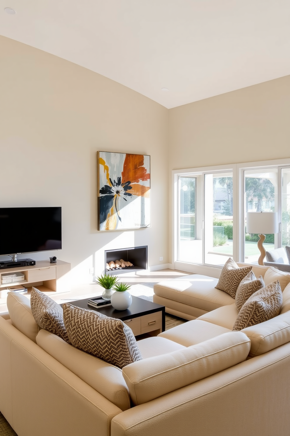 A spacious California living room featuring neutral tones throughout the space. The walls are painted in a soft beige, complemented by a large cream sectional sofa adorned with textured throw pillows. A striking abstract art piece hangs above the fireplace, adding a pop of color and personality to the room. Large windows allow natural light to flood in, showcasing a view of the lush outdoor landscape.