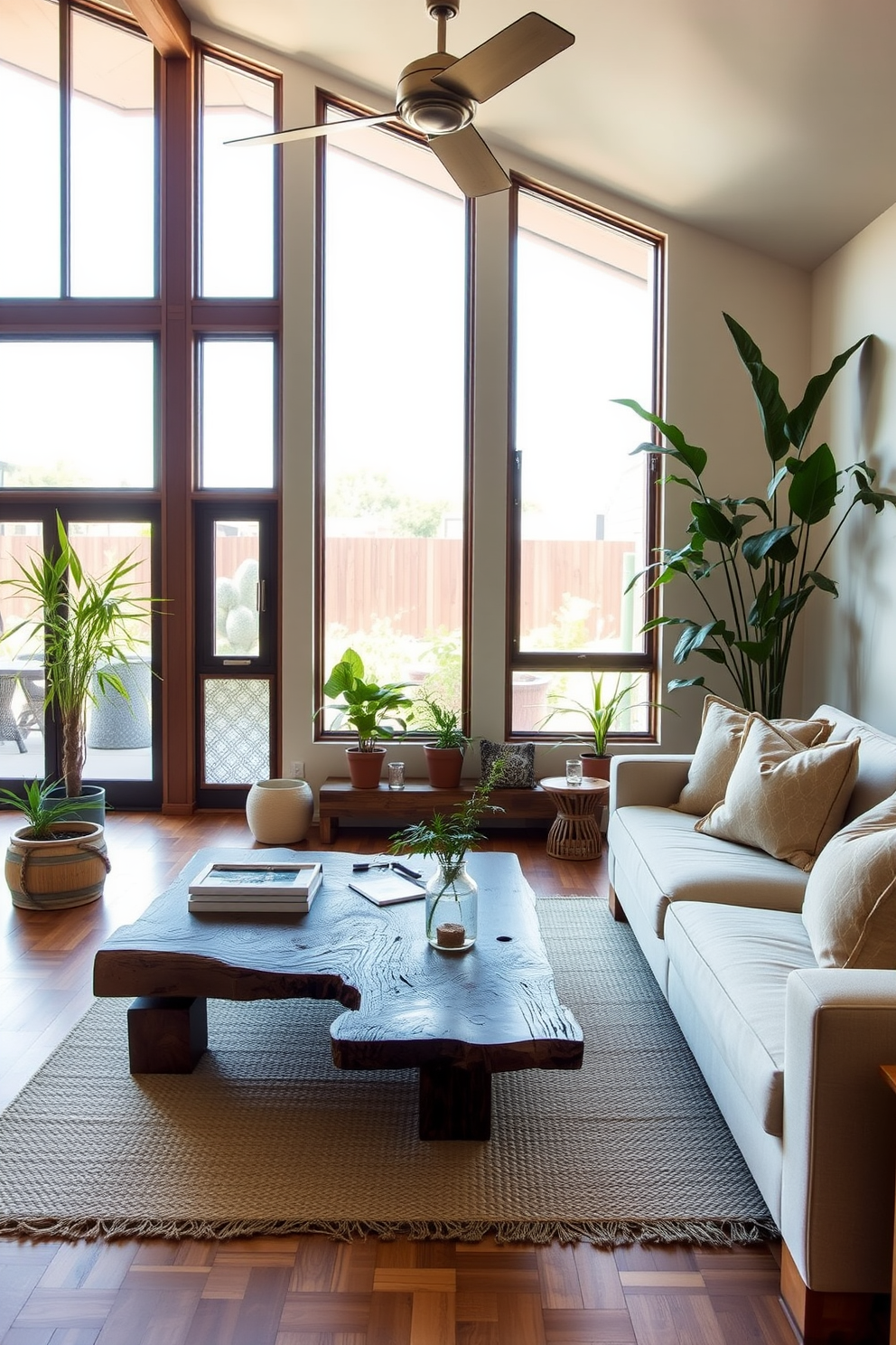 A California living room designed with sustainable materials features a reclaimed wood coffee table and a sofa upholstered in organic cotton. Large windows allow natural light to flood the space, highlighting the bamboo flooring and potted plants that enhance the eco-friendly ambiance.