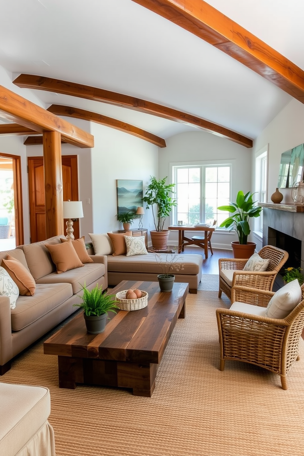 A spacious California living room featuring minimalist design principles. The room includes a low-profile sectional sofa in a neutral tone paired with a sleek wooden coffee table. Natural light floods the space through large windows, highlighting the clean lines and open layout. A few carefully selected decorative pieces add warmth without cluttering the serene atmosphere.