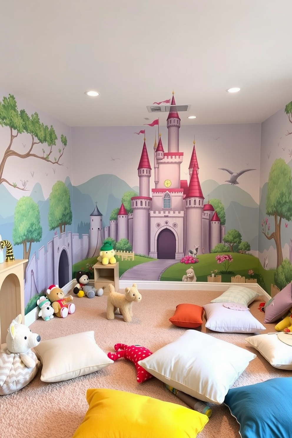 A whimsical playroom featuring a castle themed mural that wraps around the walls creating an enchanting atmosphere. The room includes a soft carpet in shades of pastel colors and a variety of plush toys and cushions scattered throughout for comfort and creativity.