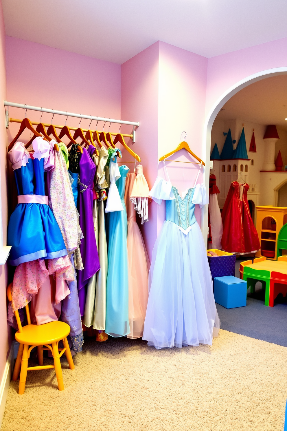 A whimsical dress-up corner featuring an array of royal costumes displayed on elegant wooden hangers. The walls are adorned with soft pastel colors, and a plush carpet provides a cozy space for imaginative play. The castle playroom is designed with turrets and arches, creating a magical atmosphere for children. Colorful play furniture and interactive elements encourage creativity and adventure in this enchanting setting.