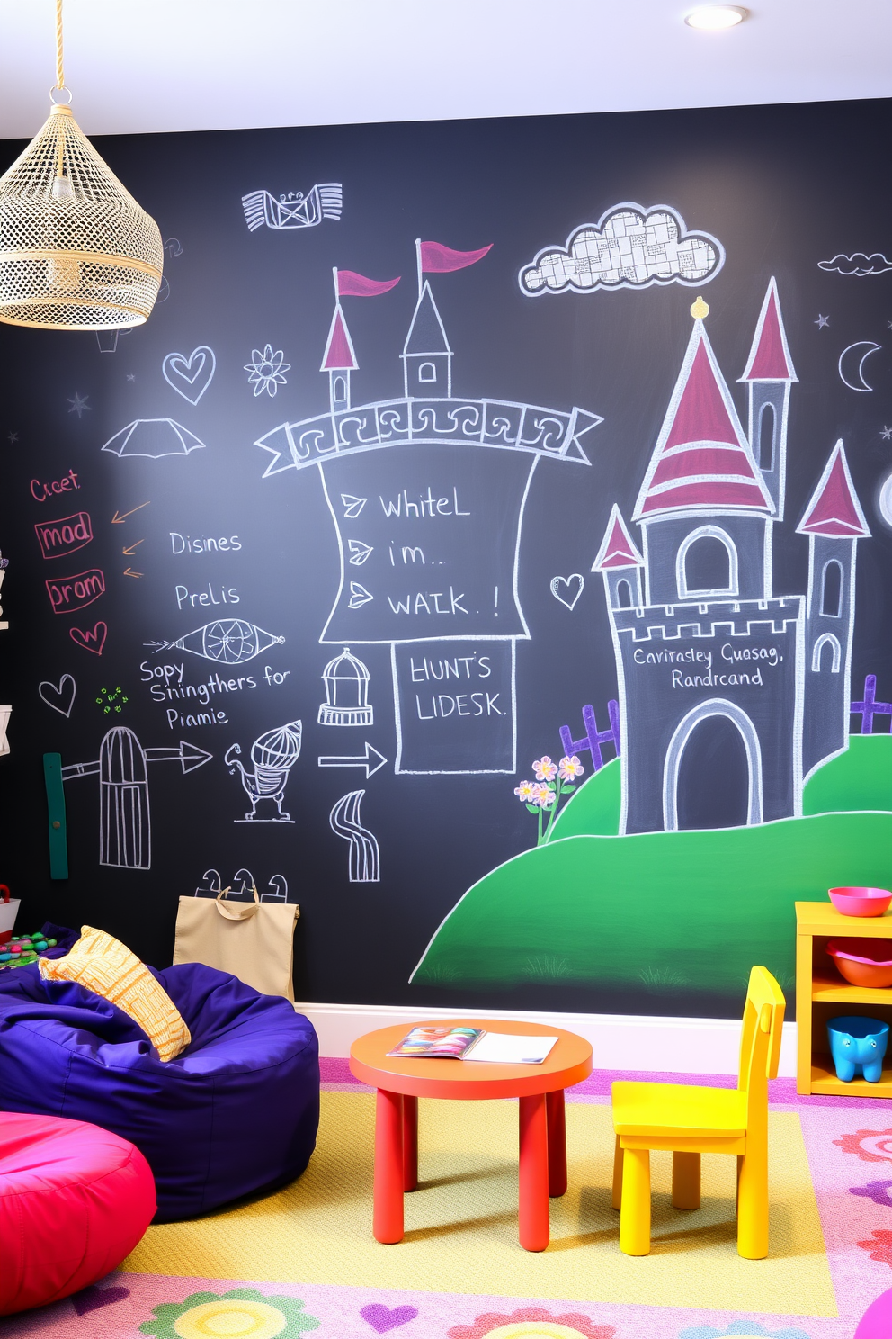 A cozy play area designed for children featuring soft castle-shaped cushions in various colors. The walls are adorned with whimsical murals of castles and clouds, creating an imaginative atmosphere.