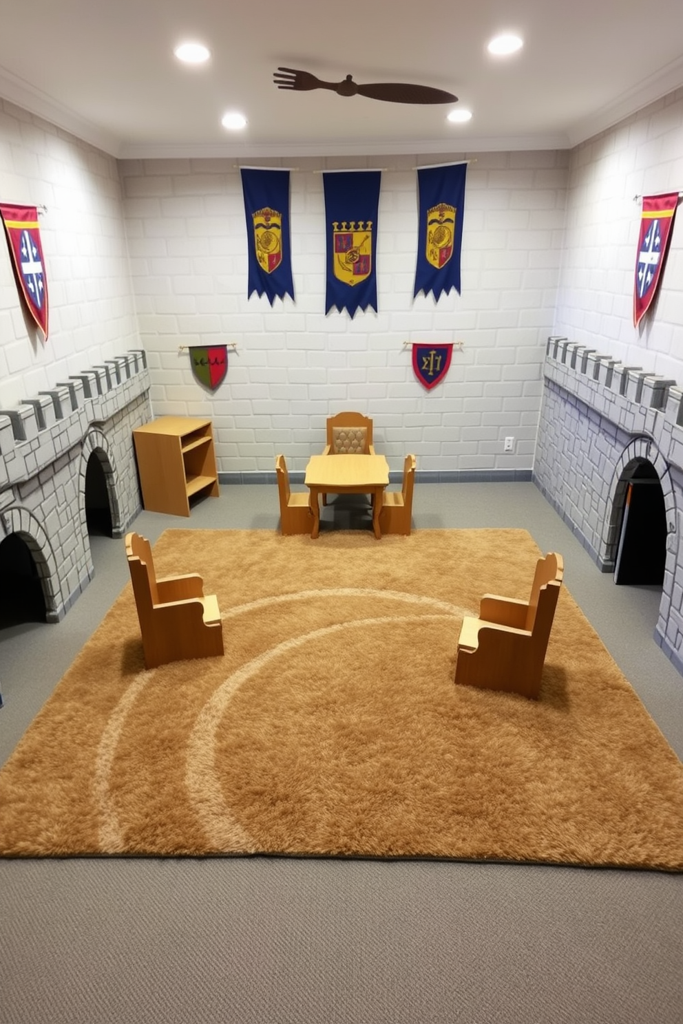 Castle battlements line the edges of the playroom, creating a whimsical and enchanting atmosphere. The walls are painted in a soft stone color, adorned with banners and shields that reflect a medieval theme. A large, plush carpet covers the floor, resembling a royal tapestry and providing a comfortable play area. In the center, a wooden table is surrounded by chairs shaped like thrones, inviting creativity and imaginative play.