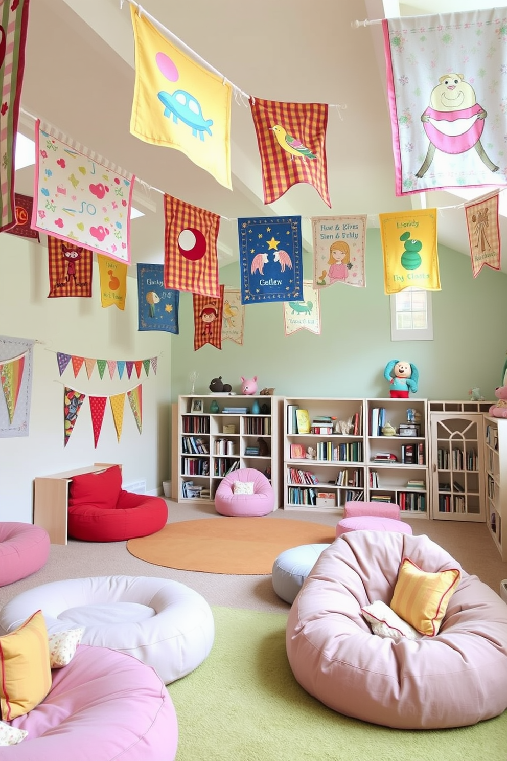 A whimsical playroom adorned with colorful tapestry banners hanging from the ceiling. The walls are painted in soft pastels, and plush seating areas are scattered throughout the room, inviting children to play and explore. Fabric banners featuring playful patterns and characters create a cheerful atmosphere. A cozy reading nook is nestled in one corner, complete with bean bags and shelves filled with storybooks.