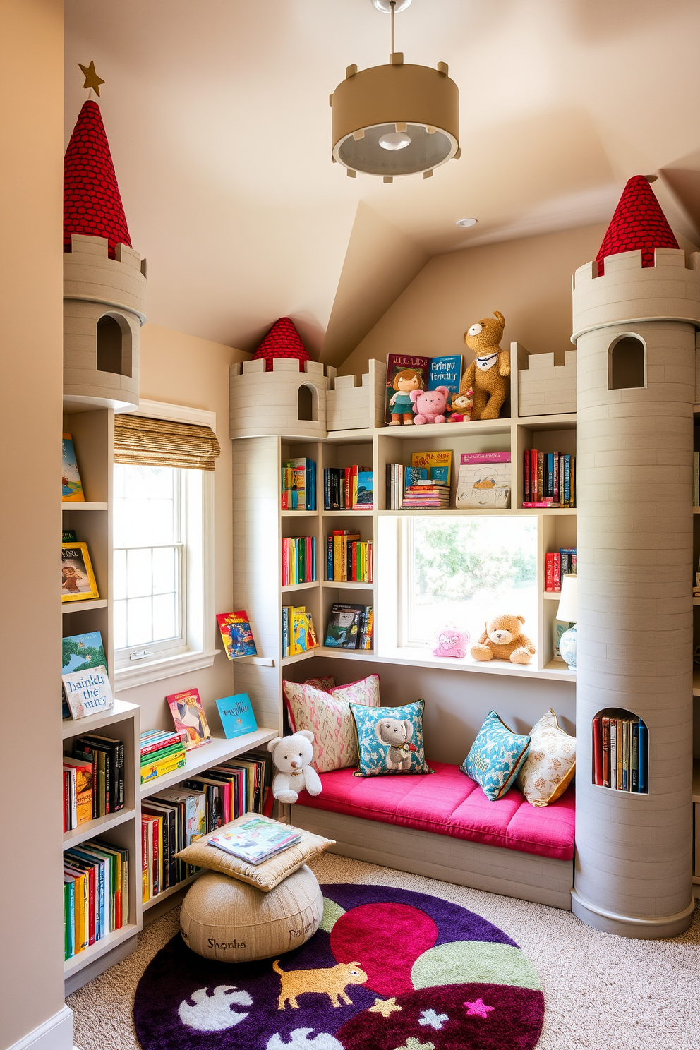 A cozy reading nook featuring castle-themed bookshelves that stretch from floor to ceiling. The shelves are filled with an array of colorful storybooks and plush toys, creating an inviting atmosphere for children. The nook is adorned with soft cushions and a whimsical rug, providing a comfortable space for reading and play. Natural light filters in through a window, illuminating the enchanting decor and enhancing the magical feel of the room.