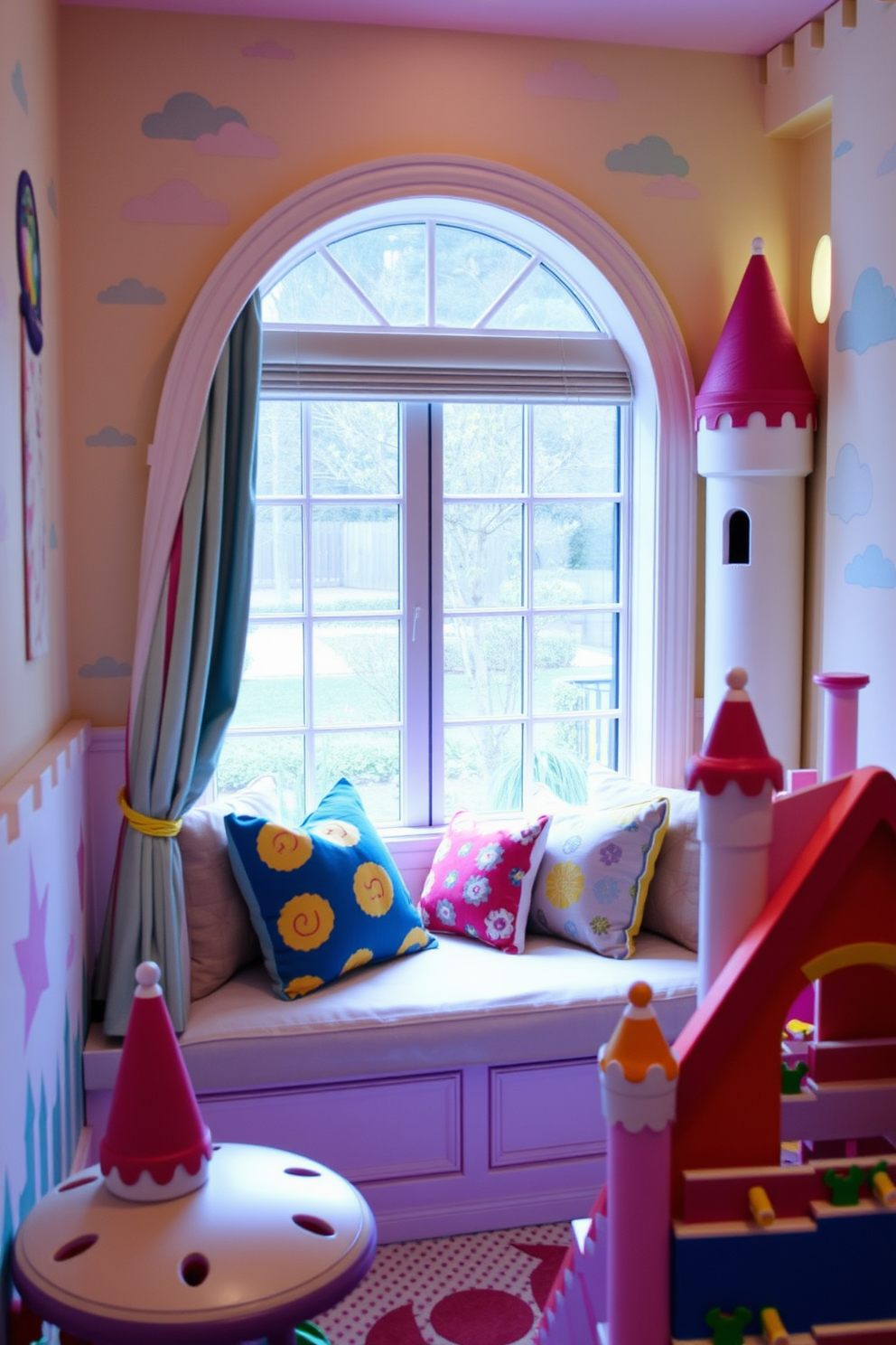 A cozy window seat adorned with plush cushions and colorful pillows invites relaxation. The surrounding area features whimsical decor elements, such as playful wall art and soft, ambient lighting. The playroom is designed with a castle theme, incorporating turrets and vibrant colors to create an enchanting atmosphere. Interactive play zones with age-appropriate toys and imaginative play structures enhance the creative experience.