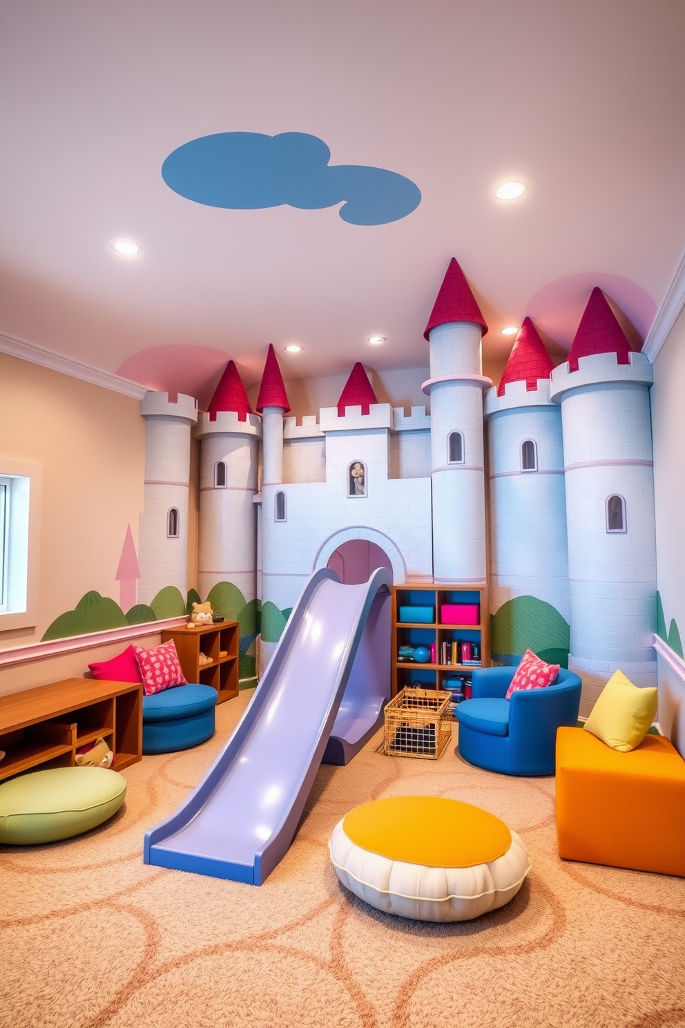 A whimsical playroom designed with a floor-to-ceiling castle backdrop that creates a magical atmosphere. The walls are painted in soft pastel colors, and the floor is covered with a plush carpet for comfort. The playroom features a variety of interactive elements such as a slide and climbing wall integrated into the castle structure. Cozy seating areas with colorful cushions are arranged for reading and creative play, enhancing the enchanting experience.